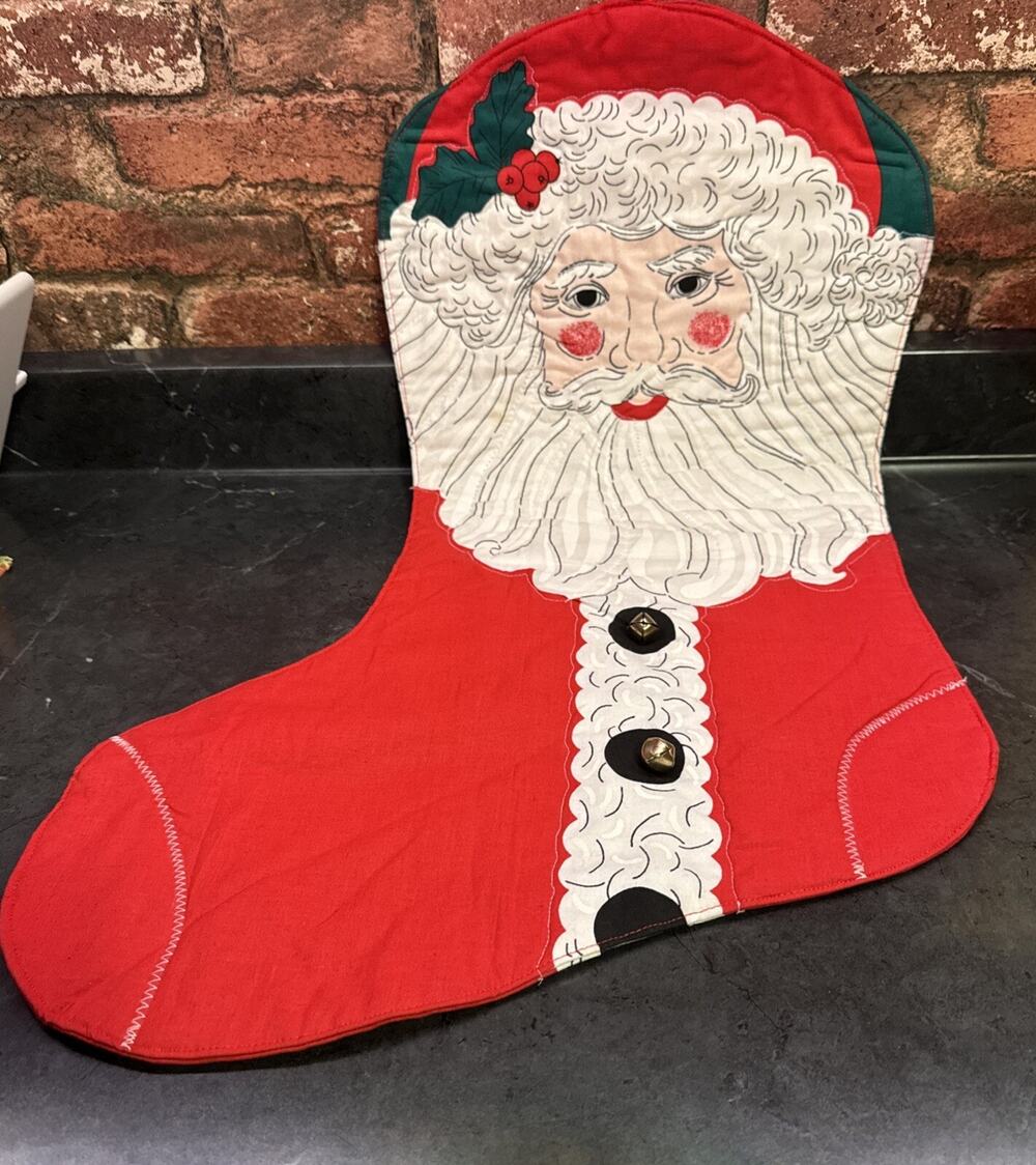 Vtg Santa Shaped Like A Stocking Wall Hanging Handmade 2 Bells Christmas Decor